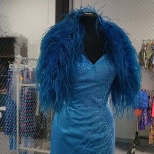 Ostrich feather beaded V back evening dress